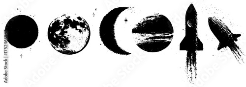 Celestial linocut silhouettes: moon, star, rocketship, and plane for vintage design