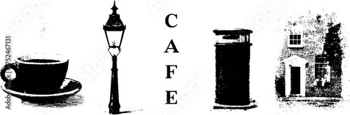 Vintage black and white linocut café scene with cup and lamp post for rustic design