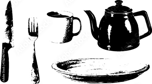 Rustic black and white linocut tableware illustration for vintage kitchen decor
