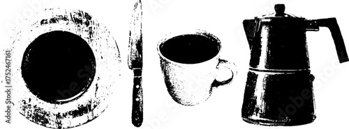 Rustic kitchen set: grunge linocut of plate, knife, mug, and coffee pot for vintage designs