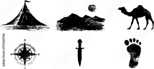 Adventure and exploration linocut silhouettes: tent, camel, and compass for vintage designs