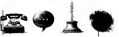 Vintage telephone linocut art set: grunge black and white communication icons for design
