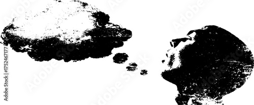 Grunge black and white linocut illustration of thoughtful silhouette