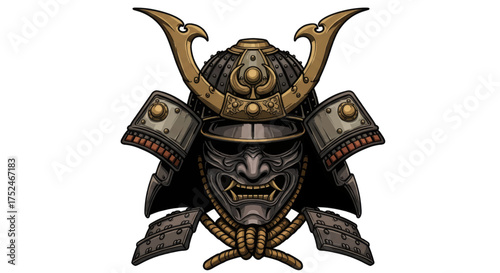 Samurai Warrior Mask Emblem, Japanese Warrior Bushido Spirit Icon