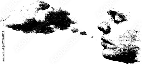 Contemplative profile with thought cloud in black and white linocut style
