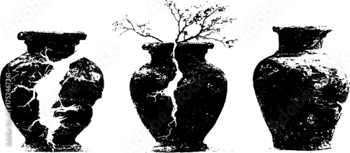 Grunge linocut vases with cracks and branches set for artistic design