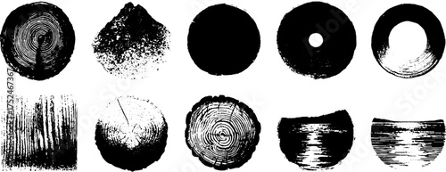 Black and white grunge linocut vein stain illustration set for artistic projects
