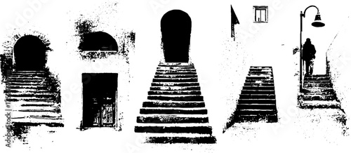 Black and white grunge linocut illustration set of stairway scenes for artistic design