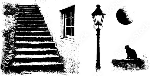 Black and white linocut illustration set featuring window stairs lantern and cat silhouette for vintage design