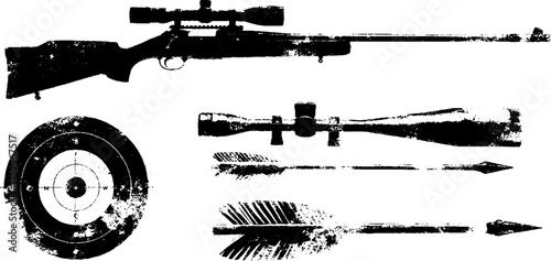Grunge stencil set of airgun and archery elements for artistic designs