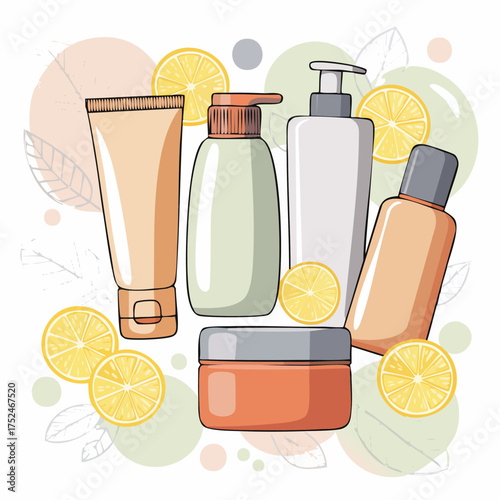 A collection of cosmetic product containers with fresh lemon slices. Vector illustration concept for natural beauty and organic skincare packaging
