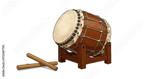 Illustration of a traditional Japanese taiko drum and two wooden drumsticks on a white background, suitable for cultural or musical themes