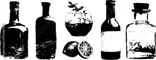 Black and white grunge stencil art of glass bottles and citrus fruits for vintage design