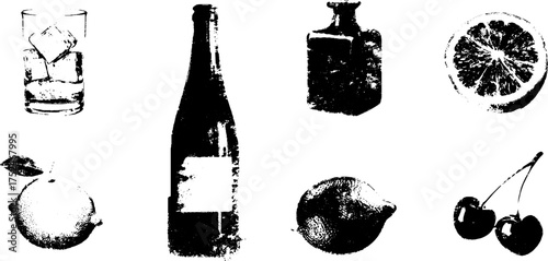 Black and white grunge stencil illustration of beverage and fruit elements for creative design