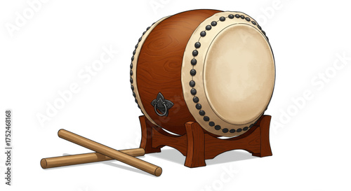 Traditional Japanese Taiko Drum with Drumsticks - Vector Illustration