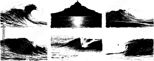 Grunge stencil art of ocean waves and mountain reflection