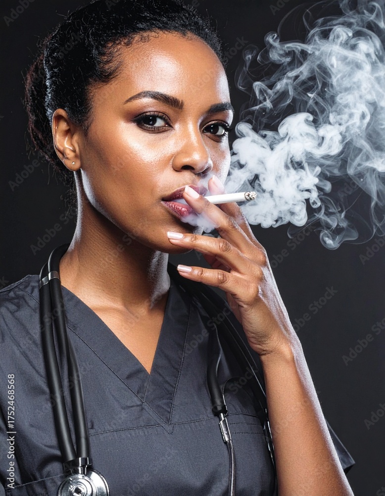 Obraz premium Healthcare Workers Struggle Powerful 3D Render Wallpaper depicting moment smoking, captured Dramatic CloseUp striking