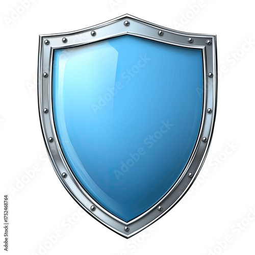 Glossy blue heraldic shield with silver trim on a black background