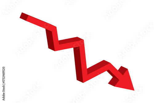 Red 3d arrow going down stock icon on white background. Bankruptcy, financial market crash icon for your web site design, logo, app, UI. graph chart downtrend symbol chart going down sign, EPS 10