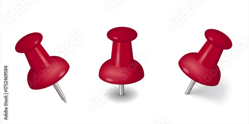 The red colorful thumbtacks set. Pink pushpin isolated on white background. Office stationery. Pins tacks. Realistic pushpins. Glossy plastic pin tacks. Vector 3d illustration.	