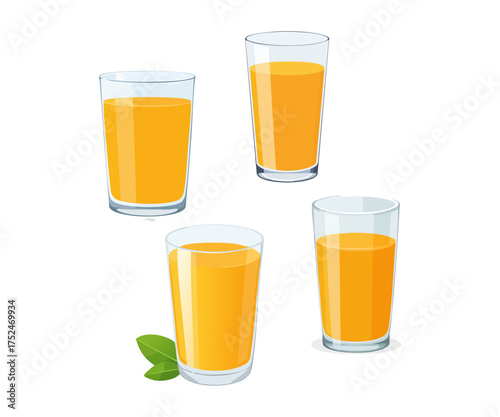 Four glasses filled with fresh orange juice, with green leaves, on a white background.