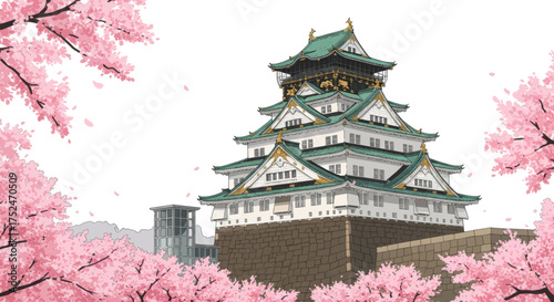 Japanese Castle Surrounded by Cherry Blossoms, a Picturesque Scene of Cultural Heritage