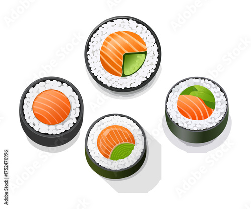 Top-down view of four different sushi rolls, some with salmon and avocado, arranged on a white background.