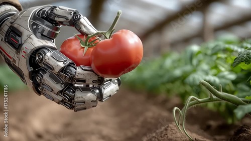 Robot Hand Harvesting Ripe Tomatoes in High-Tech Farm. Video.