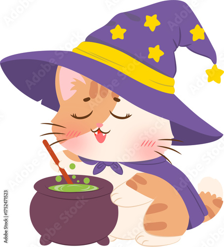 Cute cat witch brewing potion illustration
