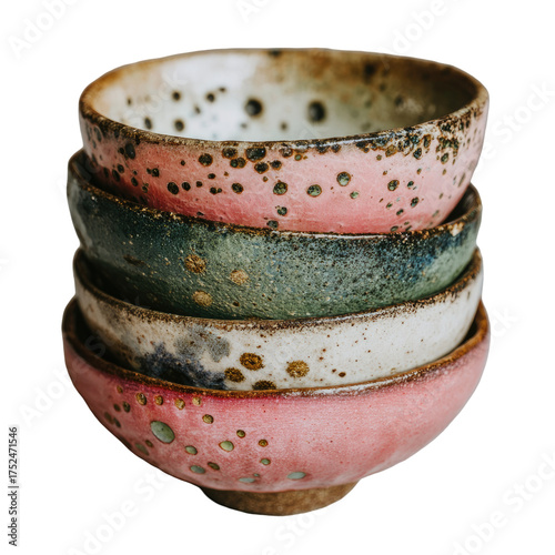 Stack of four textured ceramic bowls in pink, green, and white hues