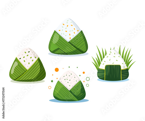 Four stylized Japanese onigiri rice balls with various toppings and green wrappers on a white background.