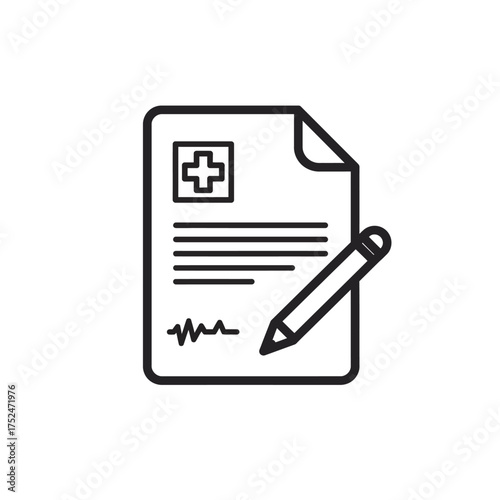 Medical prescription with pen, healthcare document icon.