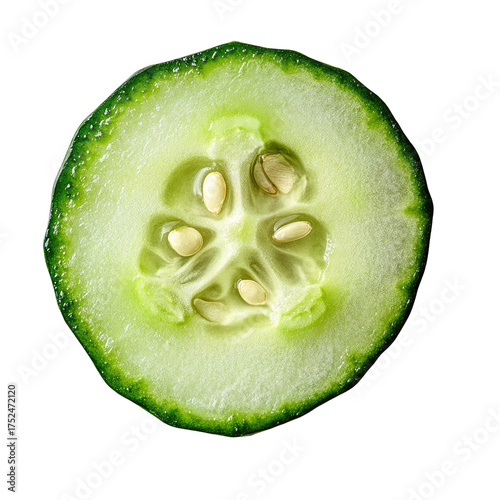 Fresh green cucumber slice. Seeds centered. Isolated, dark background