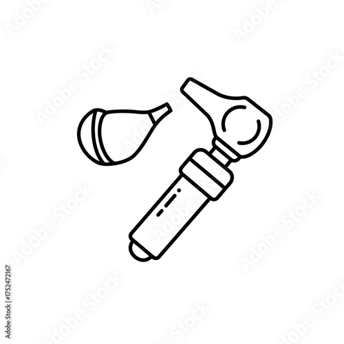 Line art illustration of an otoscope and bulb syringe.