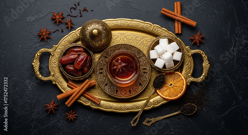 Traditional Arabic or Turkish tea ceremony flat lay. Hot spiced drink on a vintage brass tray with dates, sugar cubes, cinnamon, and star anise on a dark background.