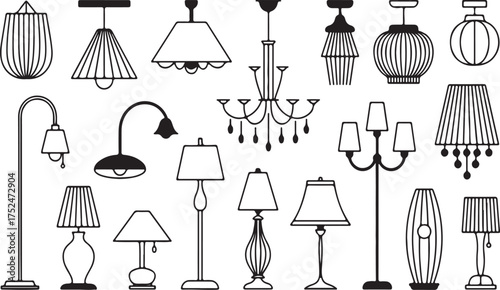 Assortment Of Line Art Lamps And Light Fixtures On White Background lighting