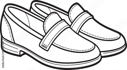 Black and White Line Art Illustration of Classic Leather Loafer Shoes footwear