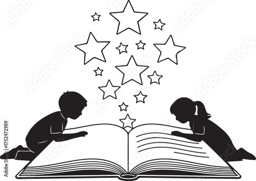 Children reading an open book with stars emerging from pages imagination