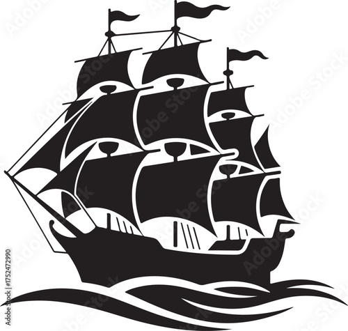 Black silhouette of a sailing ship with full sails on wavy water boat