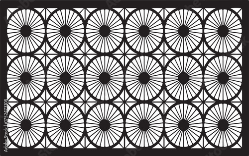 Repeating pattern of black sunburst geometric shapes on white background ornamental decorative
