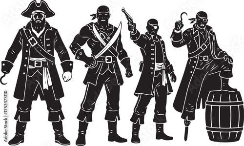 Group Of Pirates With Weapons And A Barrel On A White Background buccaneer buccaneers