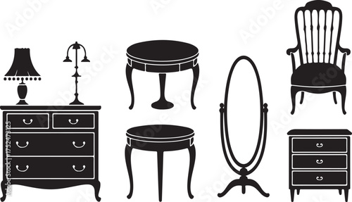 Silhouette Collection Of Antique Furniture And Lighting On White vintage dresser