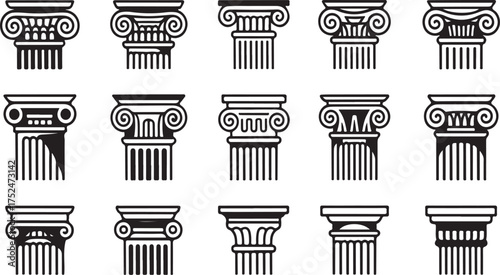 Set of fifteen decorative classical architectural column capitals and shafts architecture greek