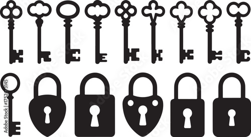 Silhouette Collection Of Antique Keys And Padlocks On White Background vector illustration