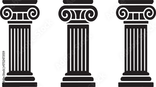 Three Ionic Columns in Silhouette on White Background greek roman