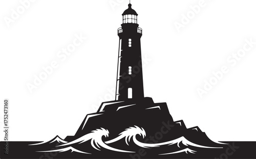 Silhouette Lighthouse On Rocky Island With Waves ocean coast