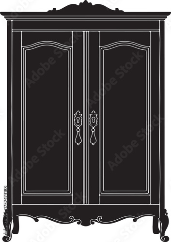 Black Silhouette of a Classic French Armoire with Decorative Handles and Carvings wardrobe cabinet