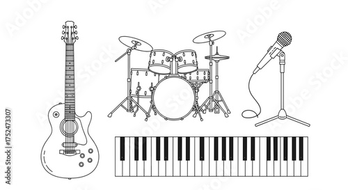 Illustration of musical instruments including guitar drums microphone and piano