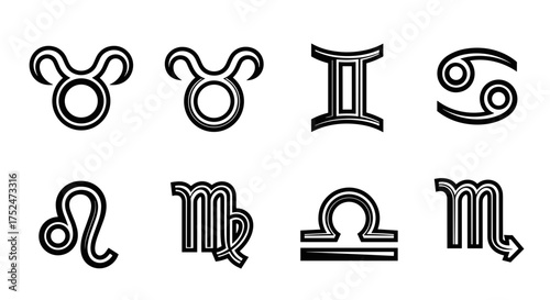 Illustration of eight zodiac signs taurus gemini cancer leo virgo libra scorpio
