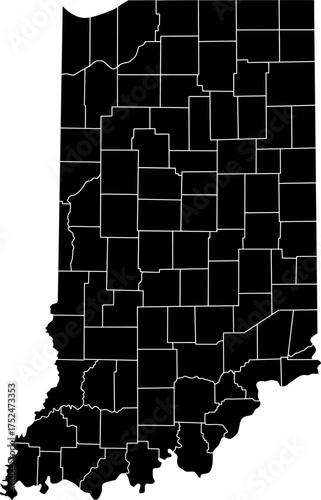 Detailed vector map of Indiana state outline with all internal county borders and administrative divisions, rendered in black, a complete political template of the Midwestern U.S. territory.

